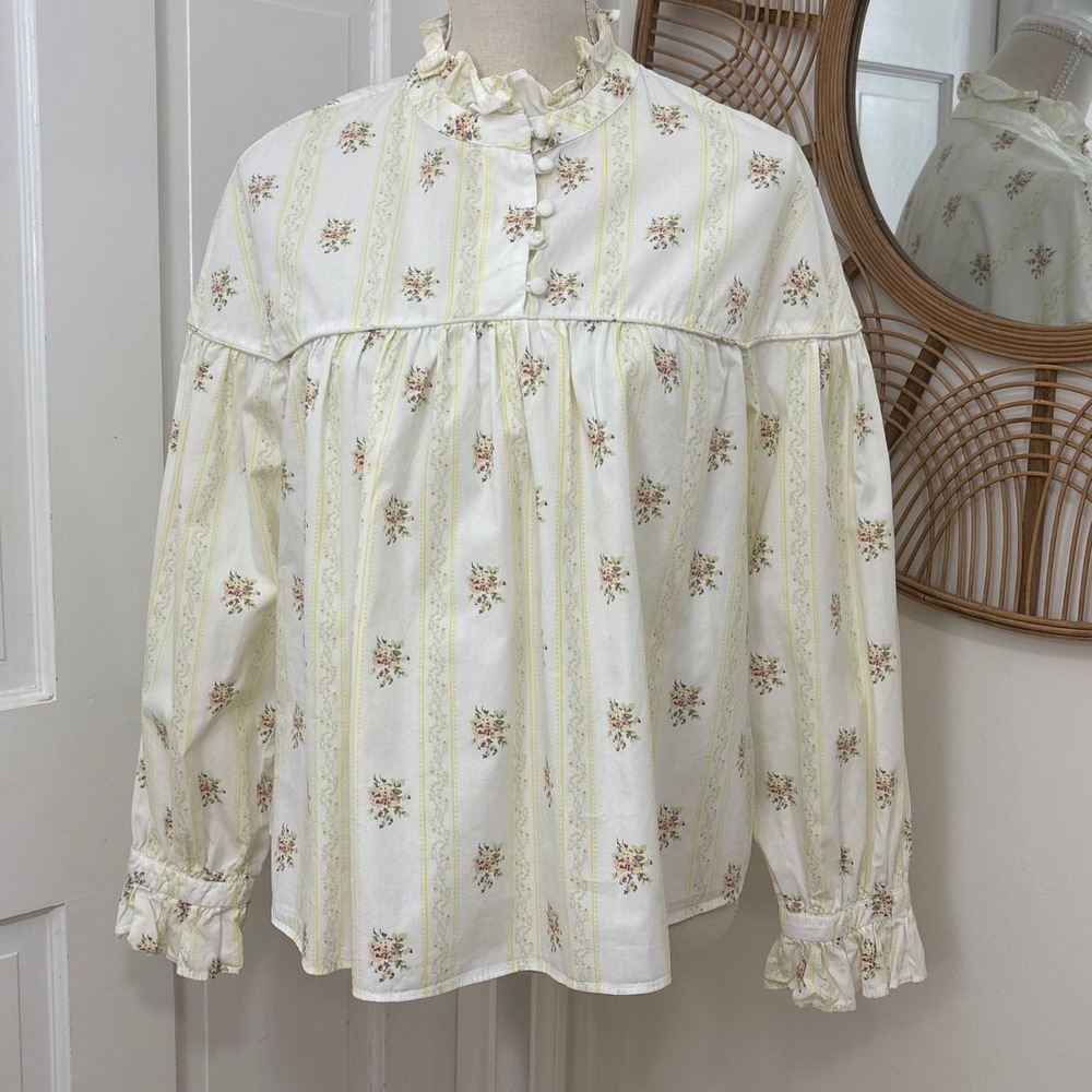 Glamorous Floral Ruffle High Neck Blouse 10 Prairie Western Victorian Cottage
